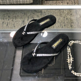THONG SLIDE IN BLACK SUEDE WITH WHITE RHINSTONES